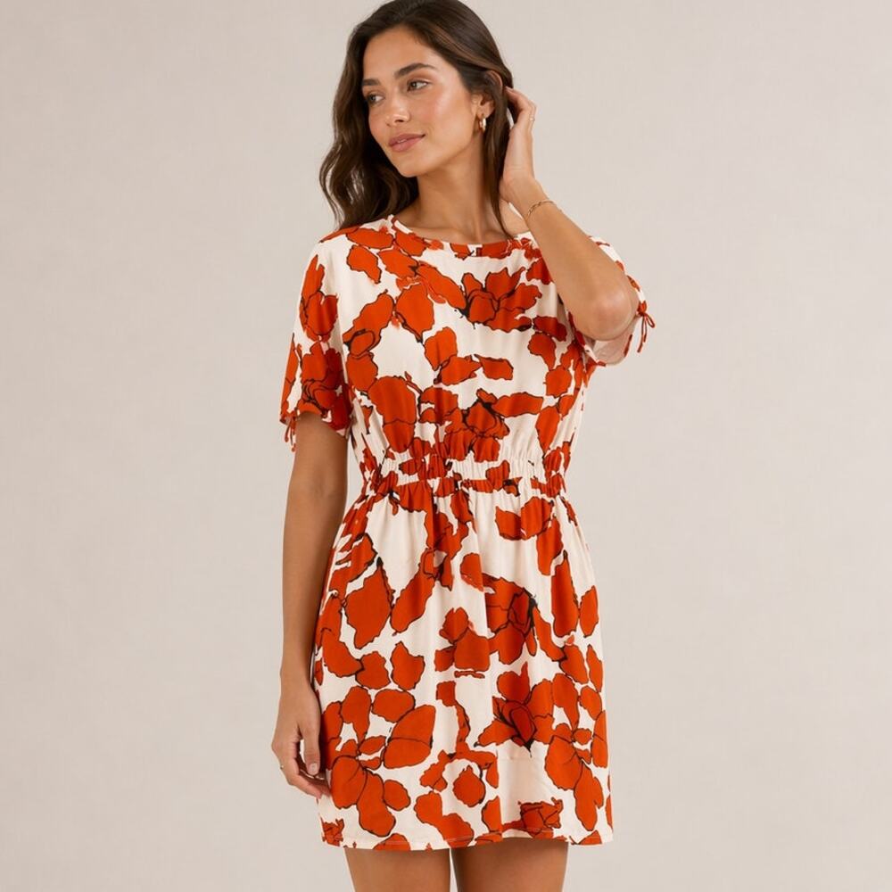 Second Female Cream Rust Floral Elastic Waist Mini Dress M Scandinavian Boho